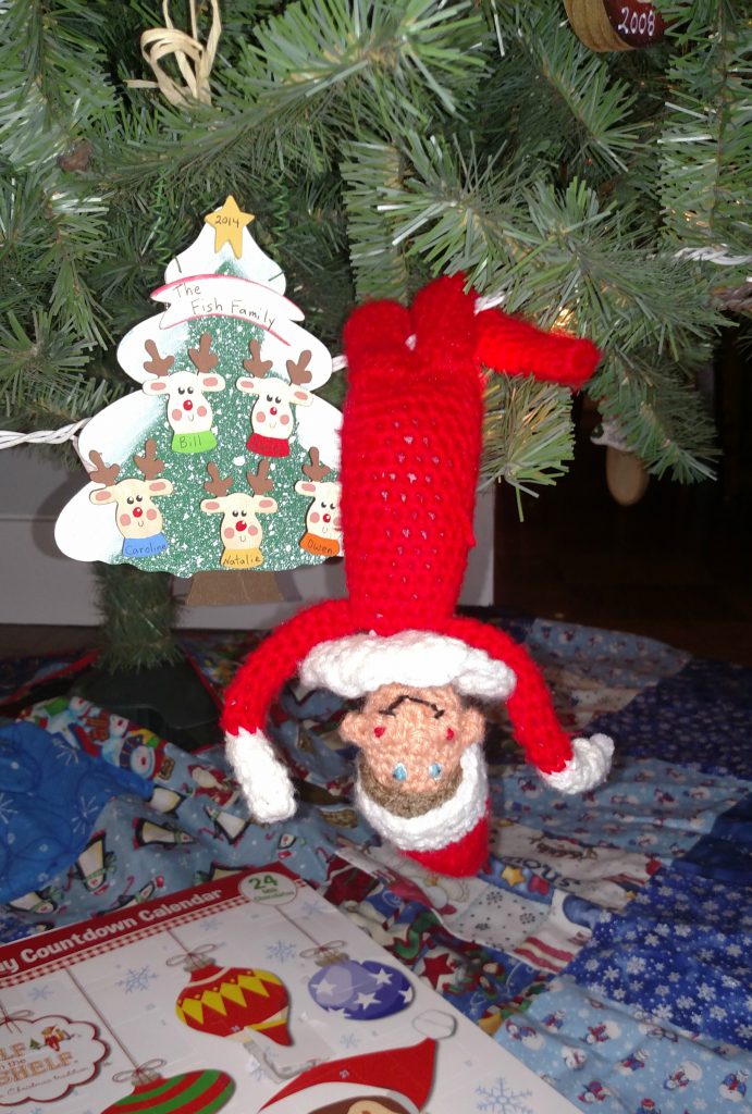 handmade crocheted elf on the shelf