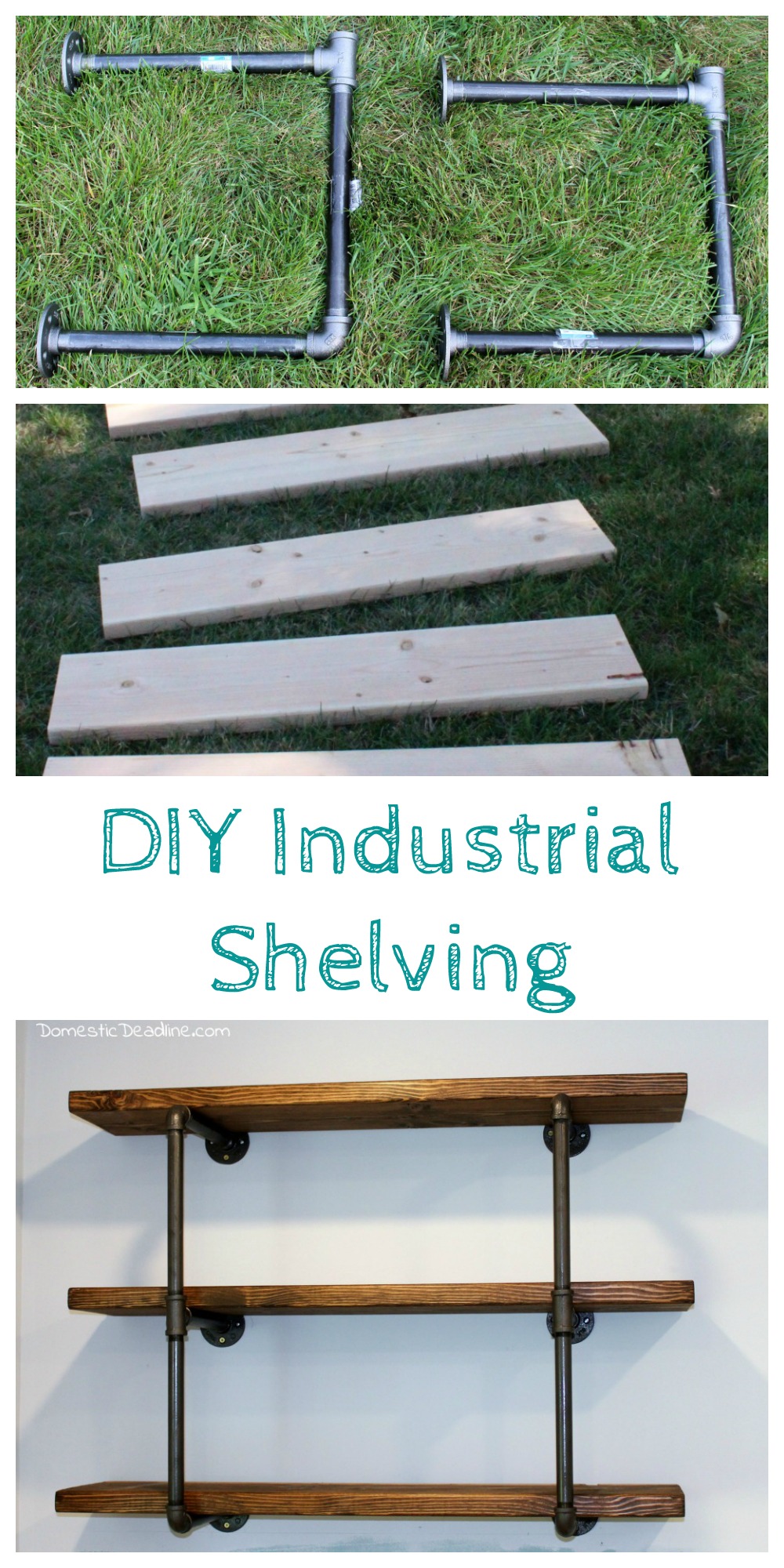 Using iron pipe, thick wood planks, spray paint and stain, I created the perfect industrial shelving for my DIY farmhouse kitchen. I'll show you how on Domestic Deadline