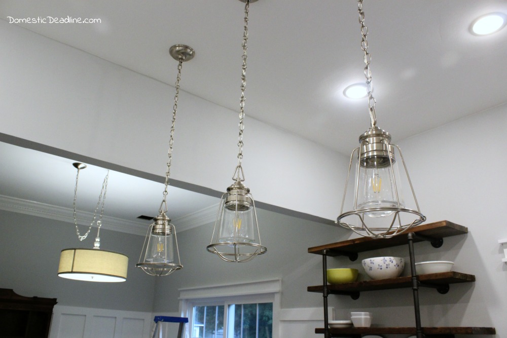The pendant lights are pulling my fixer upper kitchen together. Combining brushed nickel and glass into the vintage, industrial, farmhouse look I love