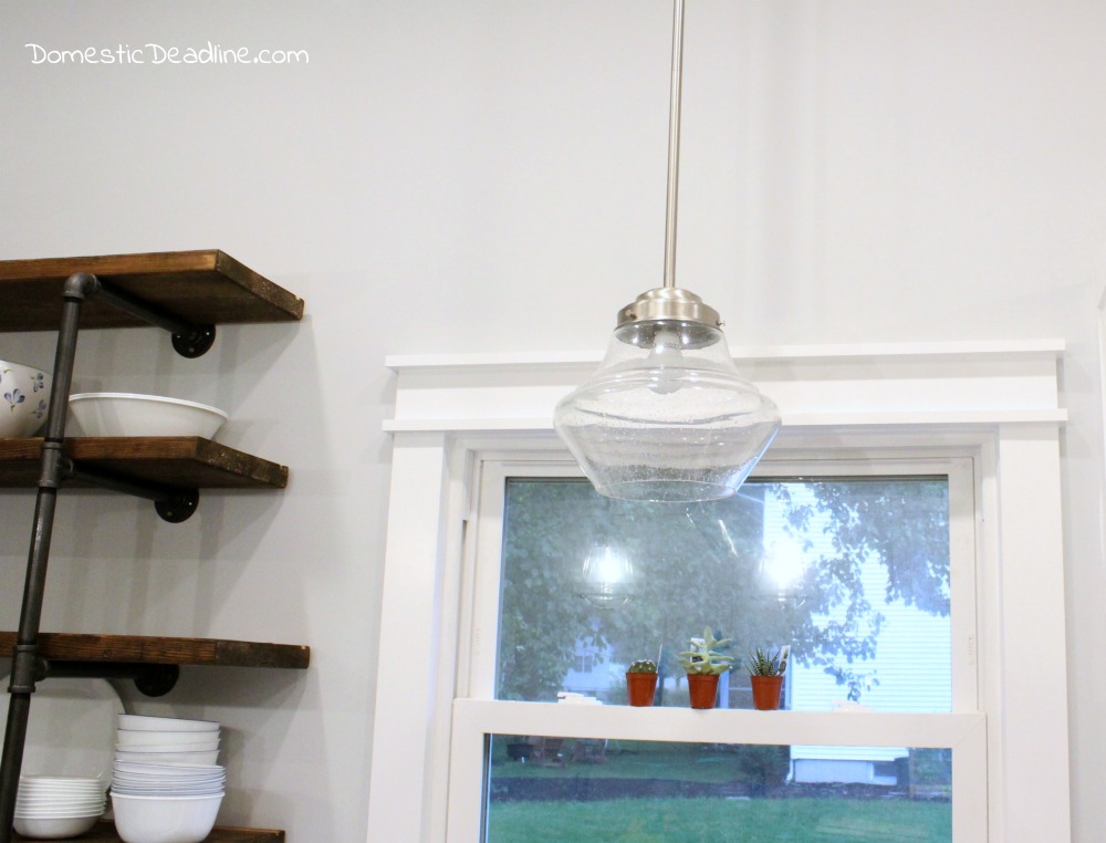 The pendant lights are pulling my fixer upper kitchen together. Combining brushed nickel and glass into the vintage, industrial, farmhouse look I love