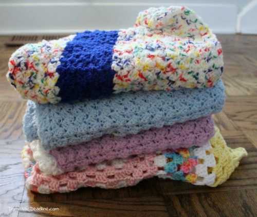 Easy crochet baby blanket great for using up yarn you have on hand. Free Pattern! Plus, lots of great ideas for using the craft supplies you already have. Domestic Deadline