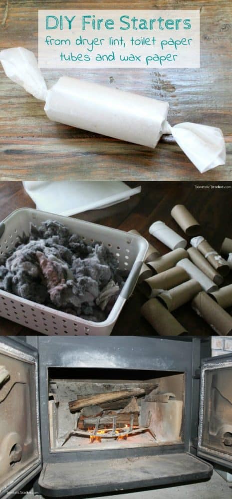 These easy DIY fire starters with dryer lint and toilet paper tubes are a great way to use things that would otherwise go in the trash. Wrapped in wax paper to ignite the fire