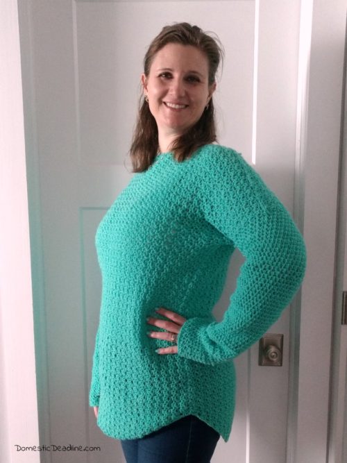 See how I made myself a customized sweater based on the Heart Hook Home Easy Peasy Lemon Squeezy and Vertical Stripes patterns. Adjustments include a butterfly hemline and thumb holes in the sleeves - Domestic Deadline