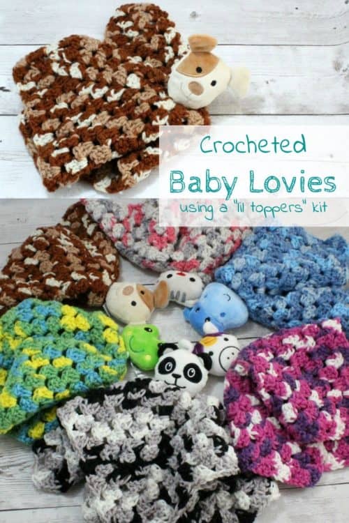 If you can crochet a granny square, you can make this great baby gift, baby lovies. Simply a crocheted granny square using the yarn in a "lil toppers" knit hat kit and adding the stuffed animal head to the center. The perfect combo of blankie and stuffie! http://domesticdeadline.com