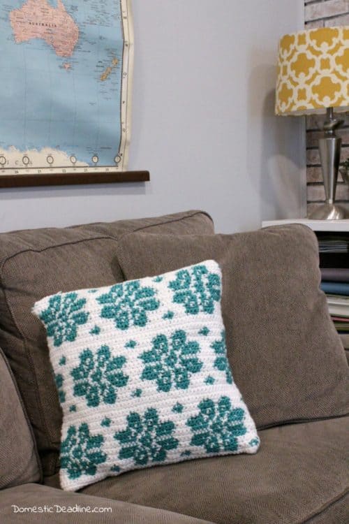 Pinterest isn't just for pinning! Each month a group of bloggers brings a pin to life. This month I made the crocheted Dahlia pillow from MyCrochetory in my color scheme with an envelope style back. www.DomesticDeadline.com