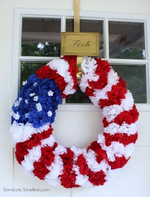 Fun, easy wreath to celebrate Memorial Day, Flag Day or 4th of July. Using supplies from the dollar store. Plus, tons of other Pinterest inspired projects www.domesticdeadline.com