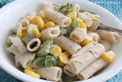 This simple gluten-free pasta salad uses fresh or frozen corn and dill. Using Sweet Vidalia Onion dressing instead of just mayo takes it up a notch. www.domesticdeadline.com