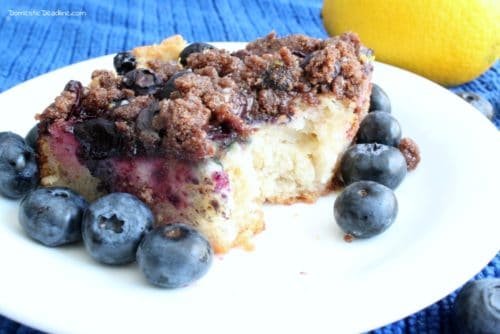 This yummy blueberry coffee cake is divine drizzled with lemon glaze. Not only is it gluten-free, but so yummy the gluten eaters will never know! www.domesticdeadline.com