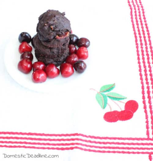 Using fresh or frozen cherries, this recipe turns out moist and yummy! Modified to be gluten-free, chocolate cherry muffins can be breakfast or dessert! www.domesticdeadline.com