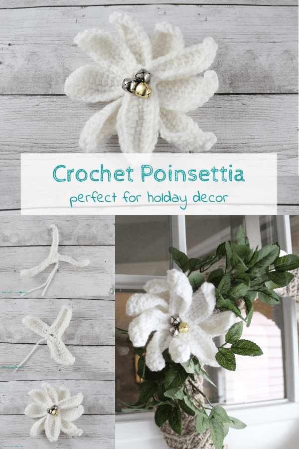 Crochet poinsettia for Christmas and winter decor. A quick and easy crochet tutorial, make a variety of sizes or colors. Bells or beads add a festive look www.domesticdeadline.com