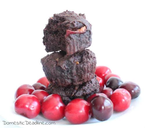Using fresh or frozen cherries, this recipe turns out moist and yummy! Modified to be gluten-free, chocolate cherry muffins can be breakfast or dessert! www.domesticdeadline.com