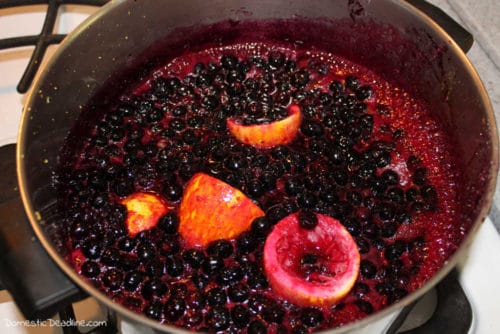 pot of blueberries with lemons, making preserves!