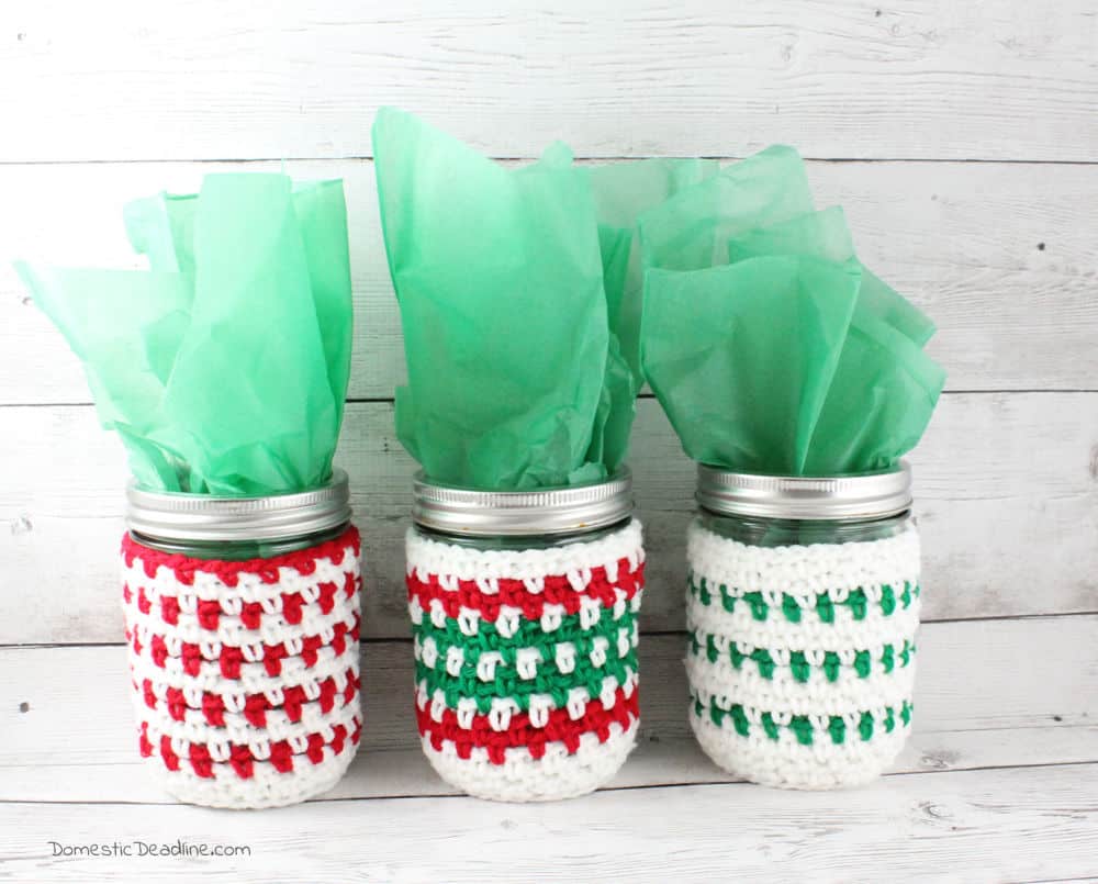 Crocheted Mason Jar Covers - Christmas in a Jar | Domestic Deadline
