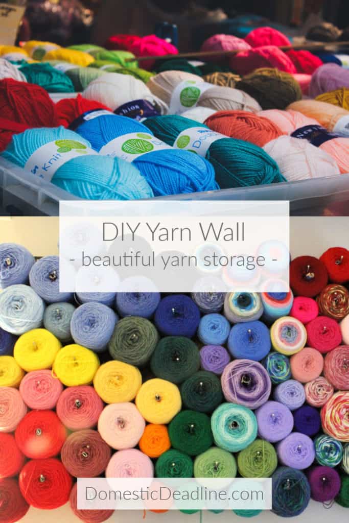 Learn my shortcuts to creating a huge yarn wall. Get your yarn stash out of bags and containers and be inspired by your beautiful yarn. DomesticDeadline.com