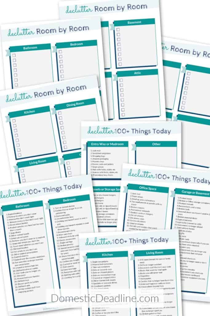 Do you feel like your drowning in clutter? My goal is an organized house. Step one is decluttering. Almost 200 things to declutter with printable guide. DomesticDeadline.com