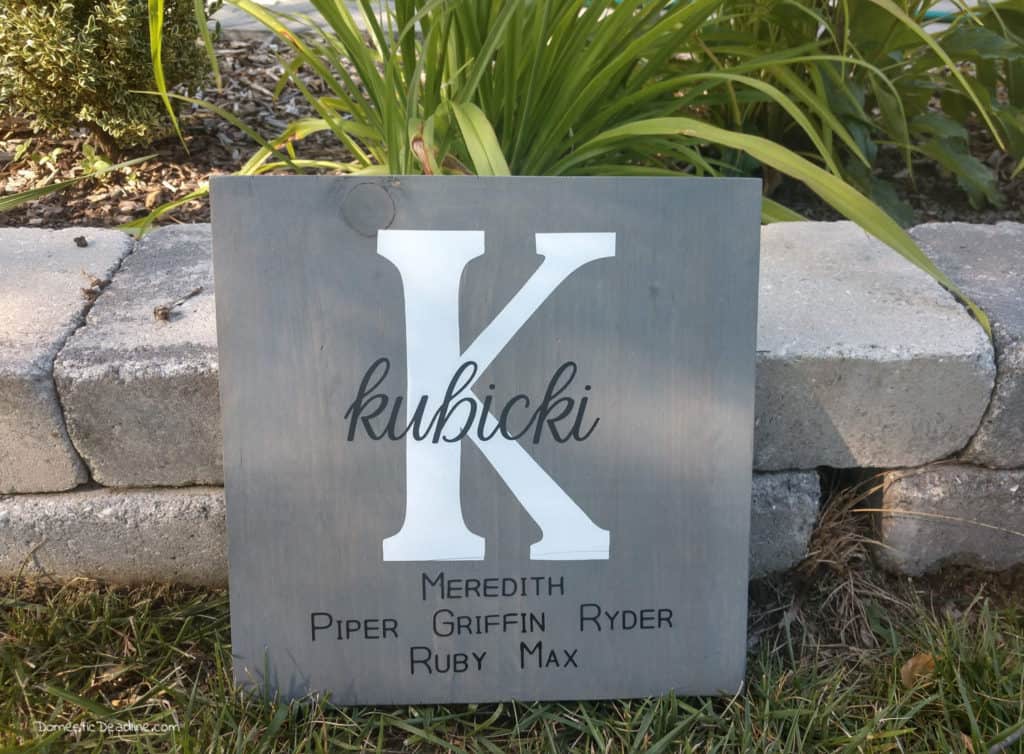 A personalized family name sign makes an excellent Christmas or housewarming gift. Starting on gifts and celebrating Christmas in July. DomesticDeadline.com
