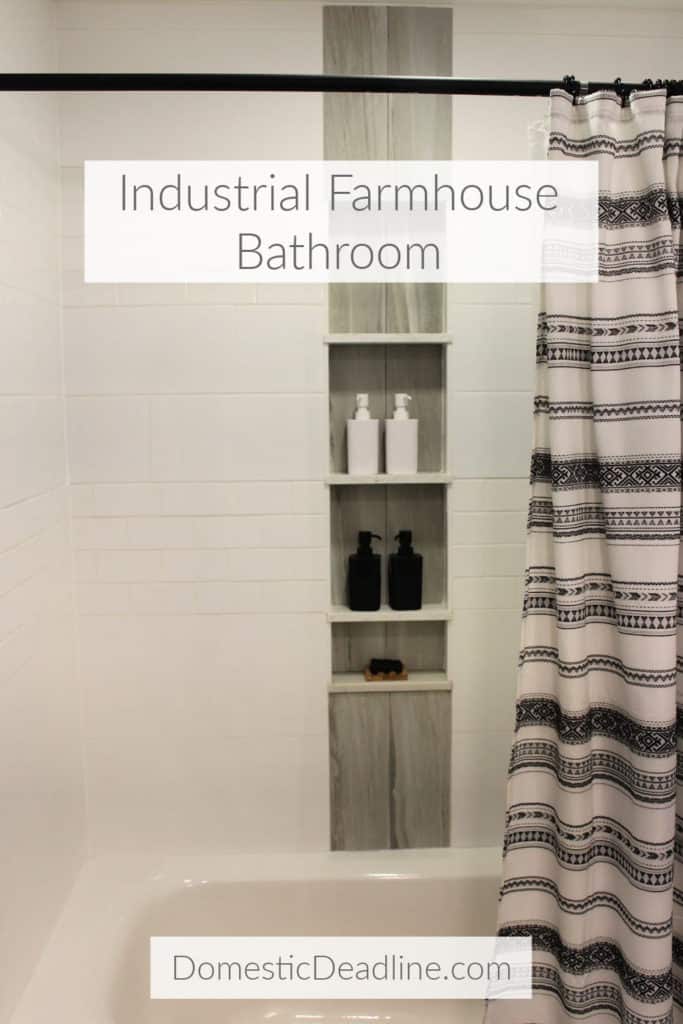 See how my industrial farmhouse bathroom turned out in the final reveal. Learn how we made the best of the space and budget. DomesticDeadline.com